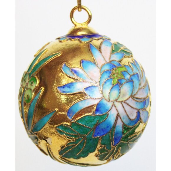 Gold Enameled Cloisonne Ball Ornament Water Lily Berries 2.5" Christmas Decor - Picture 3 of 8